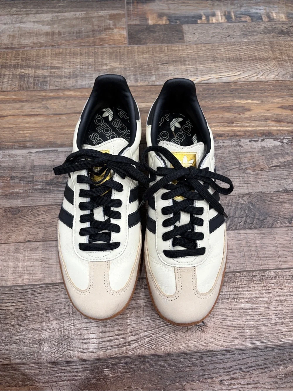 adidas Women Cream and Black sambas  with Gold Tongue Logo
